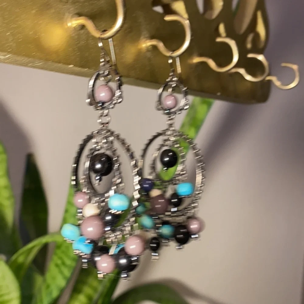 Black turquoise taupe gray dangle earrings 2.75”​